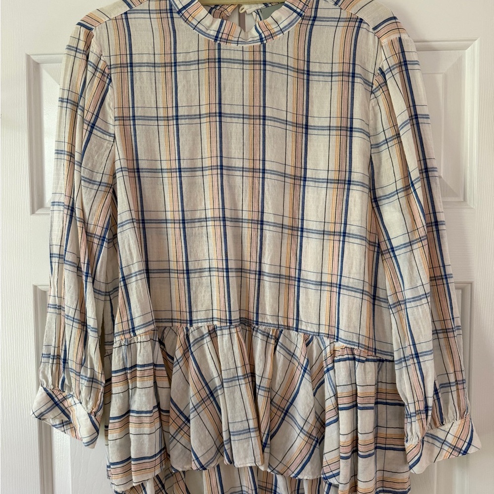 Anthropologie / Maeve Blue and Cream Plaid Blouse with Ruffle Hem